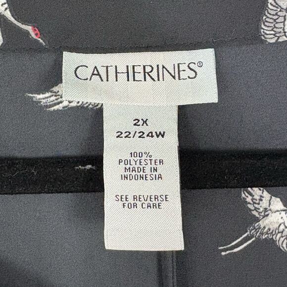 Catherines Top 3X Black Crane Print Roll Tab Sleeve Semi Sheer Button Up Tunic - Picture 5 of 6